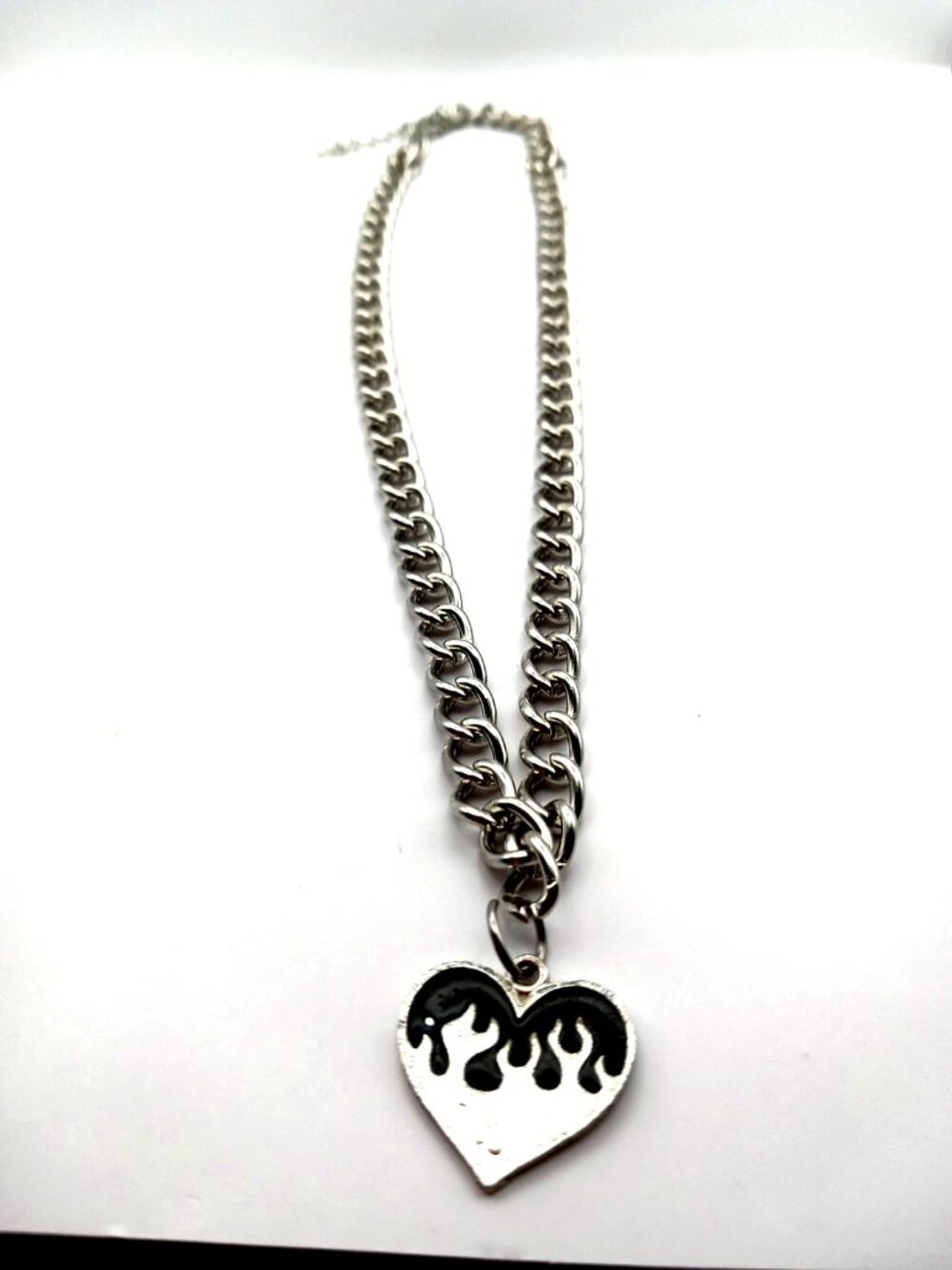 Silver+ Black Metal Flames Heart Pendant On Silvertone Chain 16 Inches